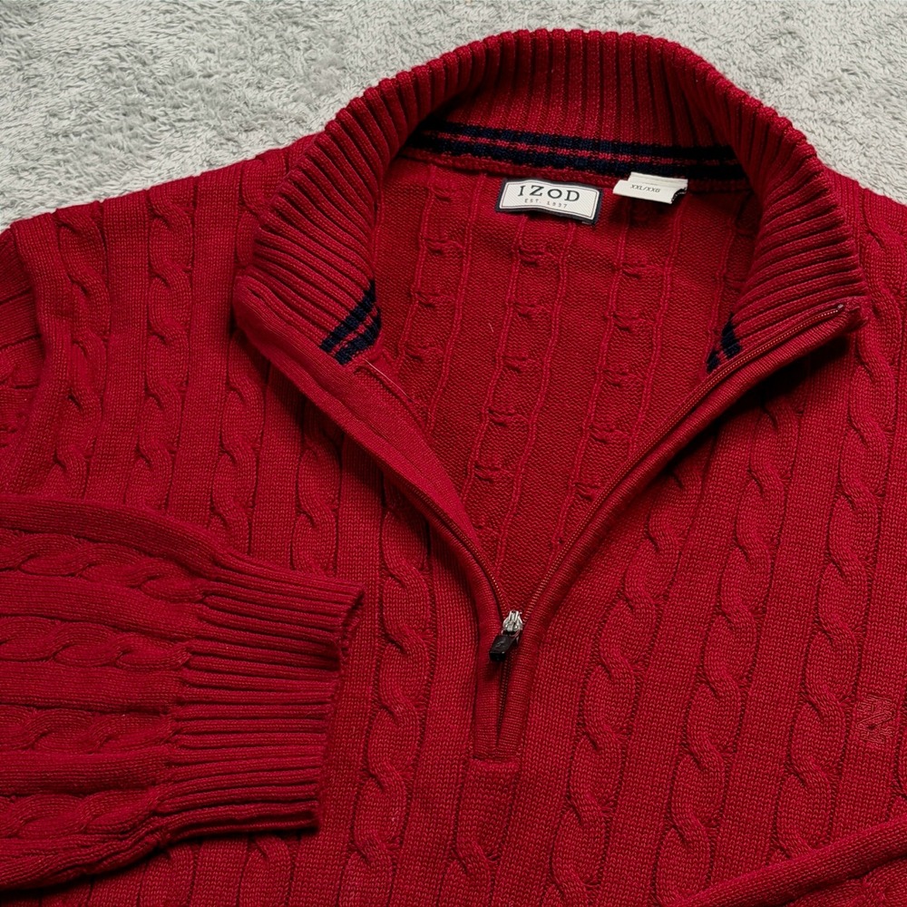 IZOD Mens XXL Red Cable Knit Quarter Zip 100% Cotton Mock Neck Sweater